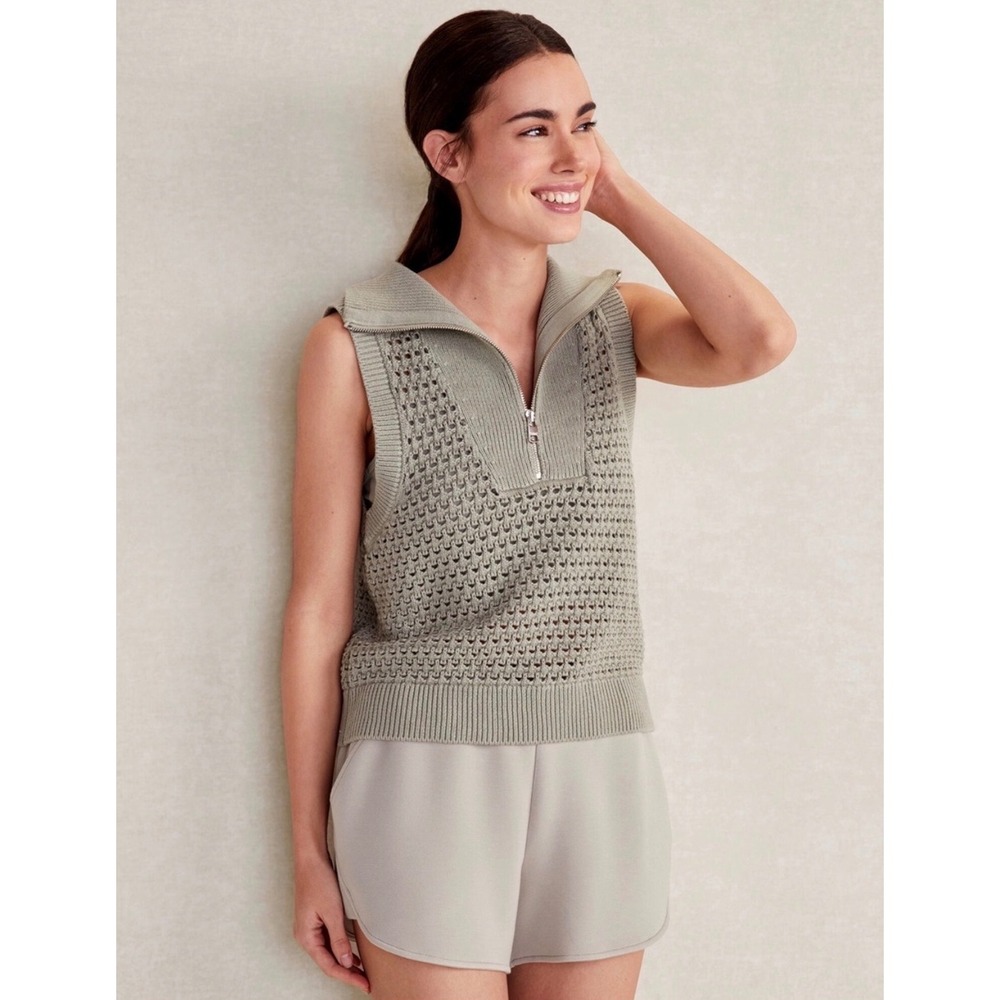 Varley Bains Half Zip Tank Seagrass Green Crochet Knit Sweater Vest VAR01989 S